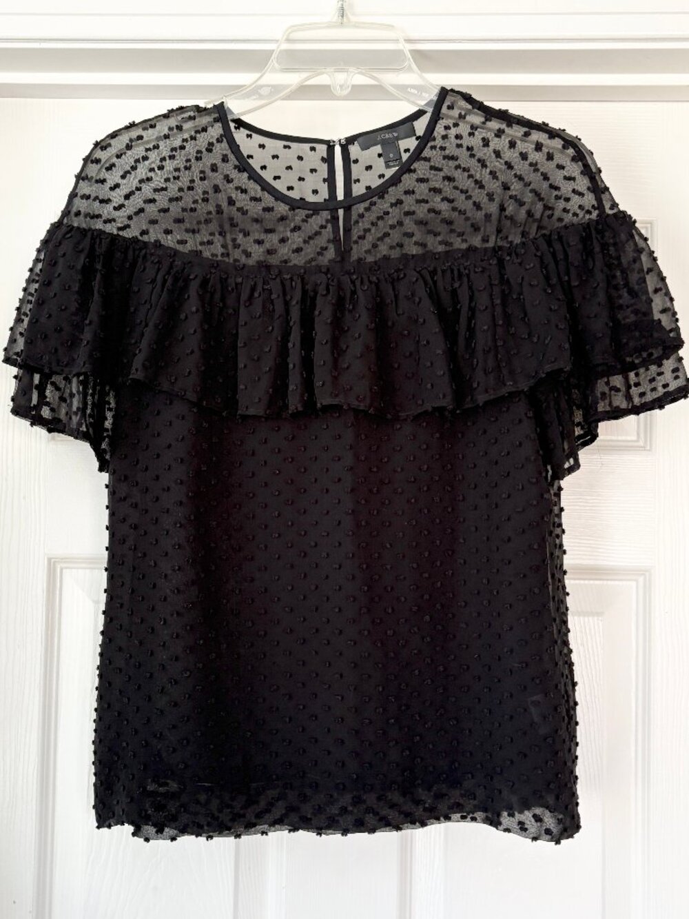 J. Crew Edie black swiss dot ruffle blouse, 0